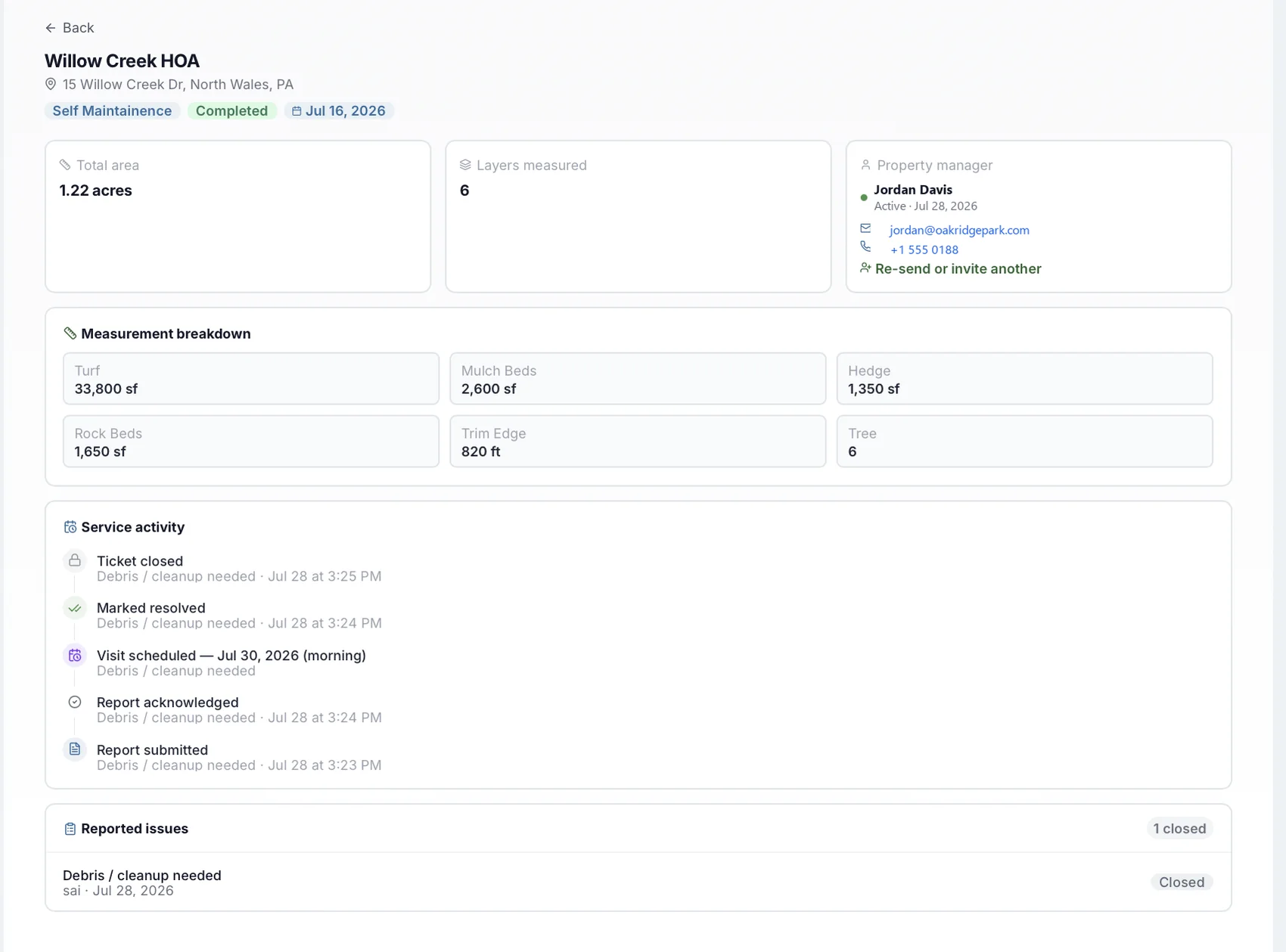 The client portal view of a property with its measurement breakdown, service activity timeline and reported issues