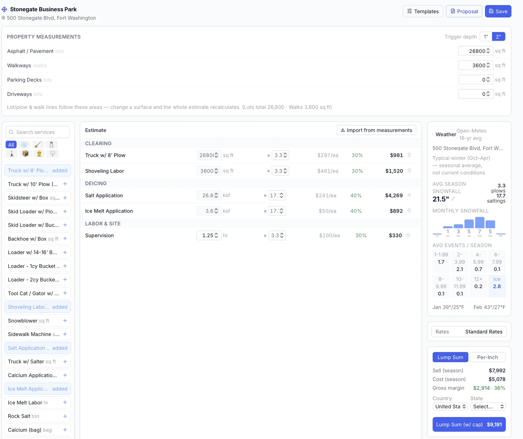 The snow estimator pricing a property from measured surfaces, snowfall brackets and seasonal event counts